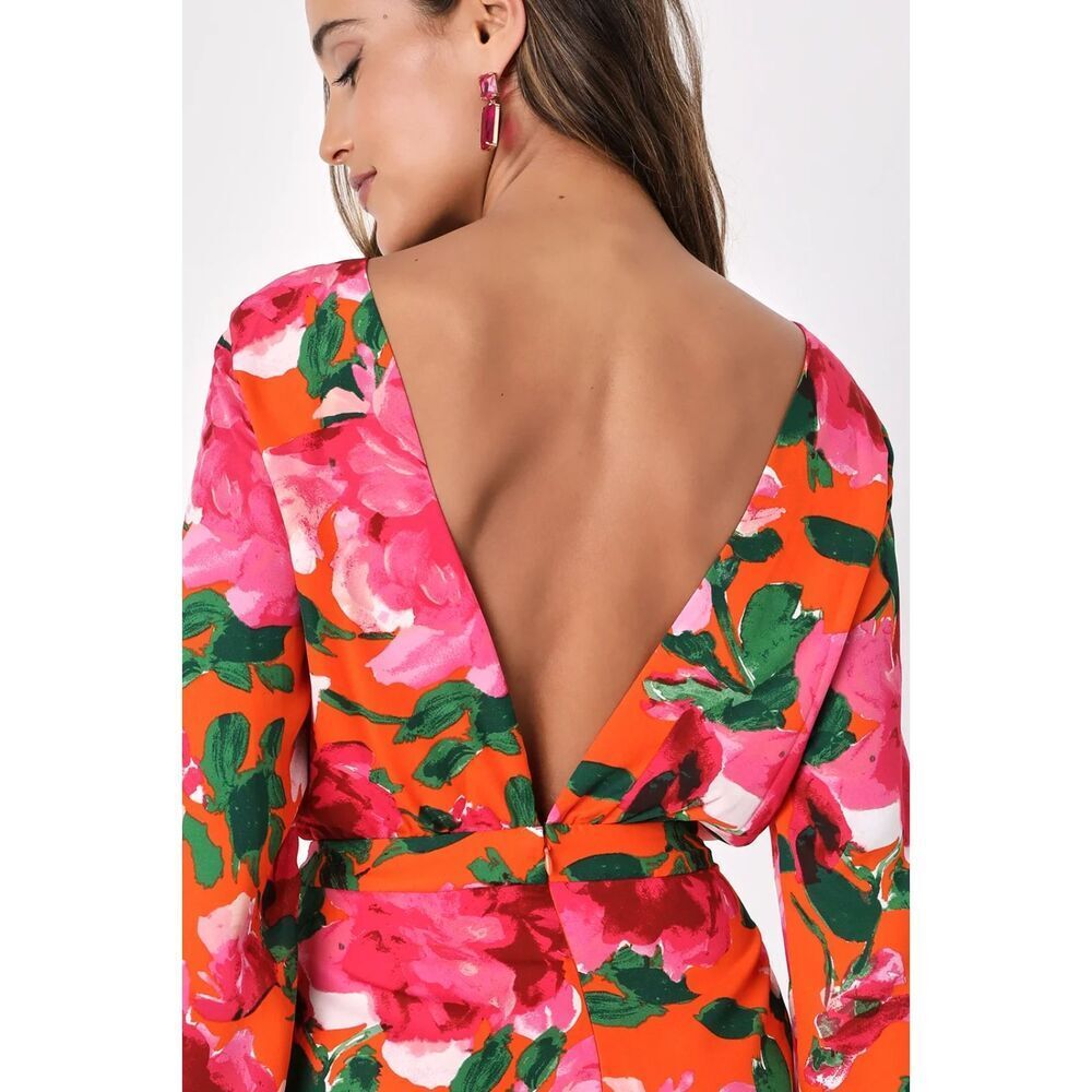 LULUS Sweetest Song Orange Floral Print Romper Sz Large Backless Long Sleeve NWT - Picture 4 of 13
